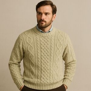 Vintage THANE Chunky Cable Knit Sweater, Sage Oatmeal Fisherman Style, Mens XL